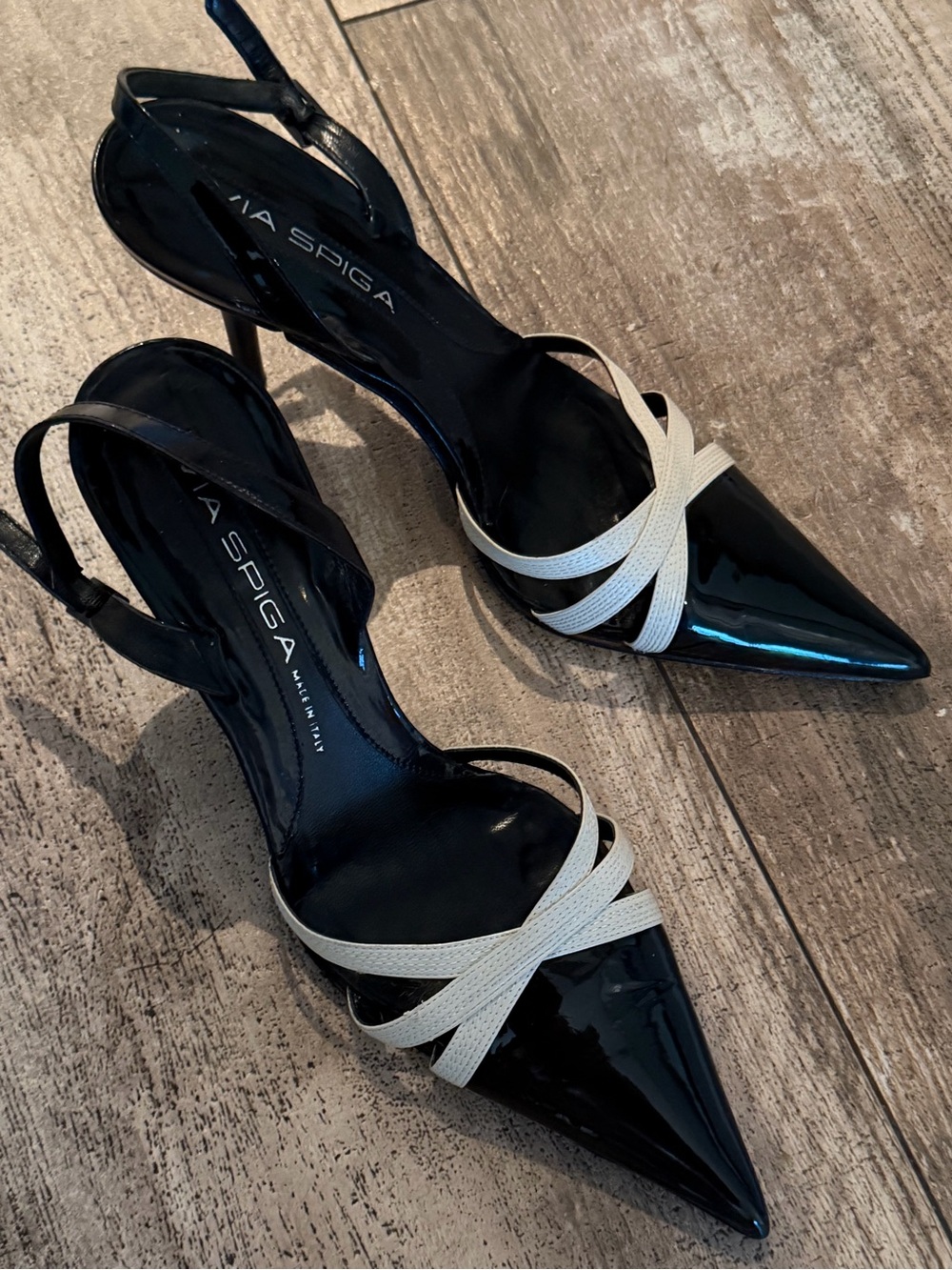 Via Spiga Black Patent Pointed Toe Slingbacks with Cream Cross Straps